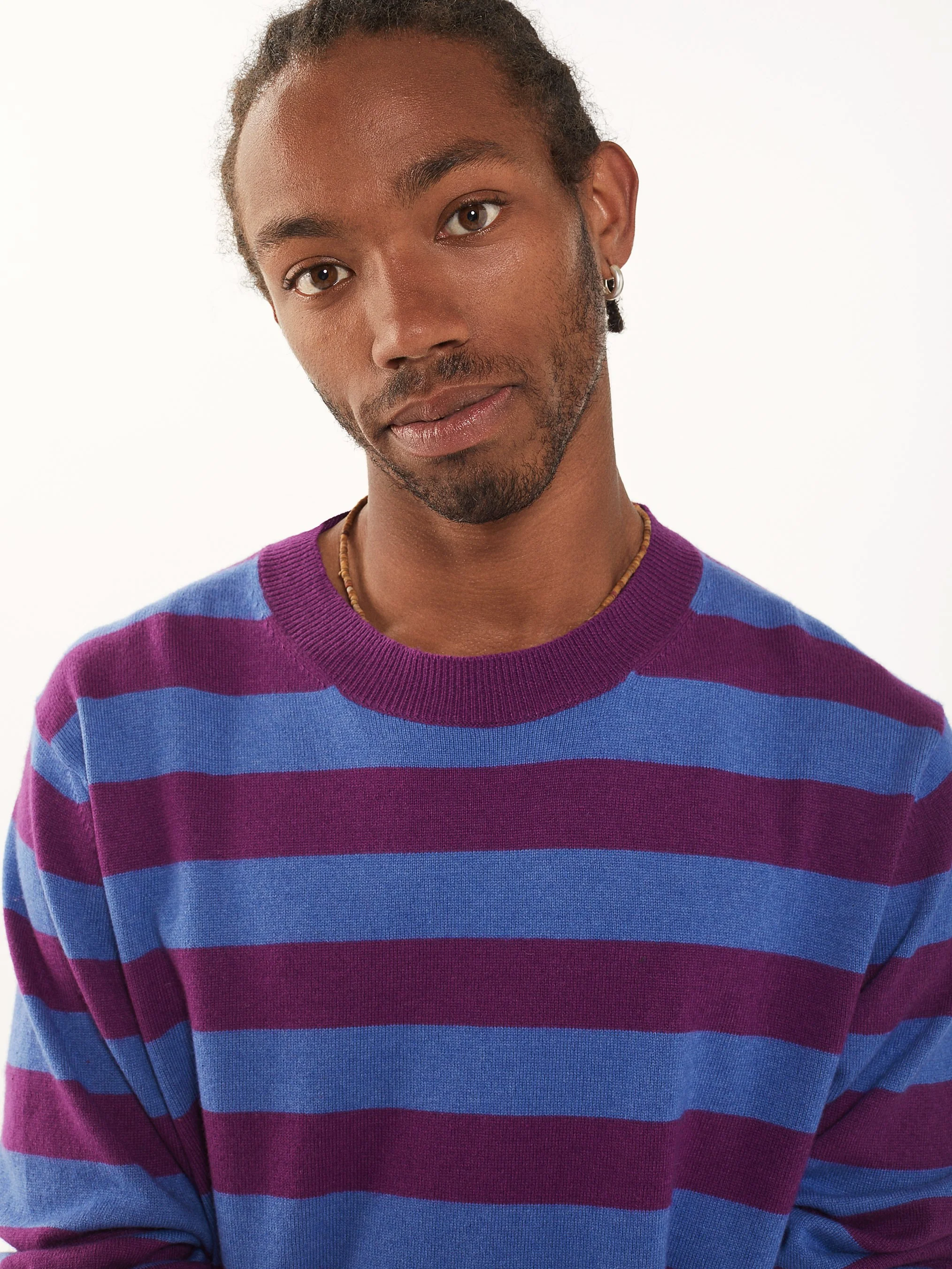Men's magenta and indigo crewneck in cashmere and cotton  - Image 3
