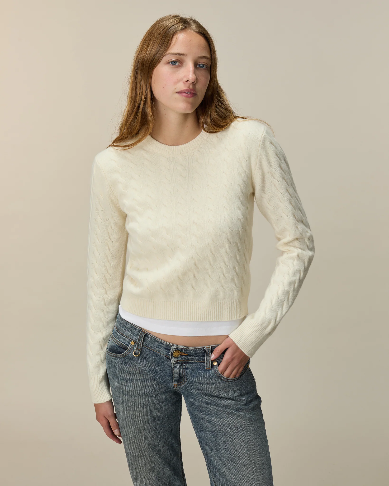 Women's White Cable Knit Crewneck Sweater - Image 3