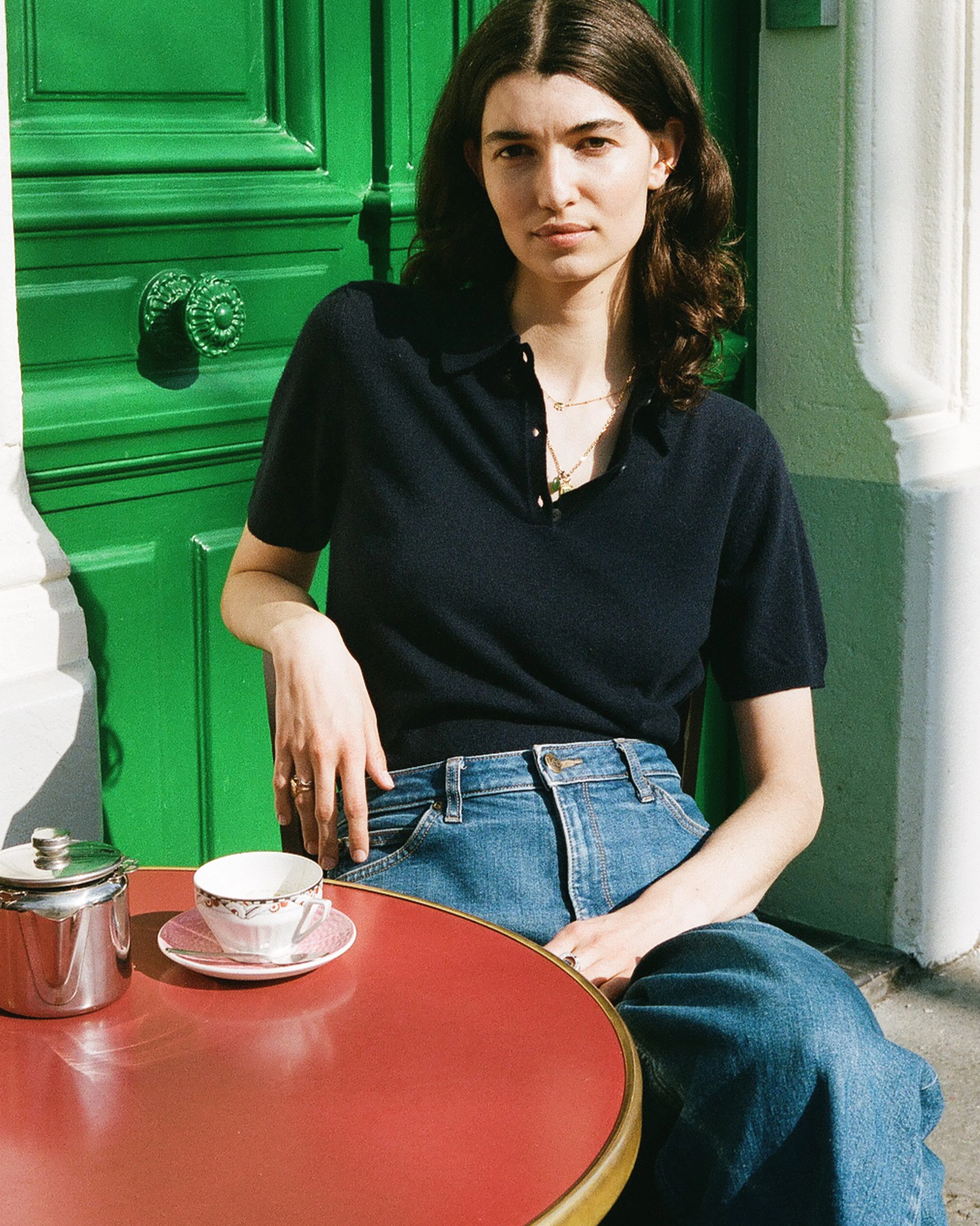 Women's Navy Lightweight Cashmere Polo Shirt - Image 3